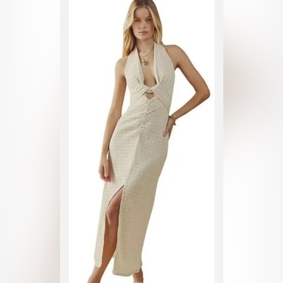 Free People Maxi Gauze Halter Dress Stretchy Neutral Boho Minimalist Vacation M - Picture 1 of 12